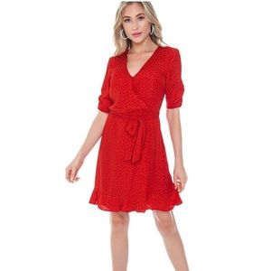 1. State Red Jacquard Short Sleeve Surplice Wrap Mini Dress